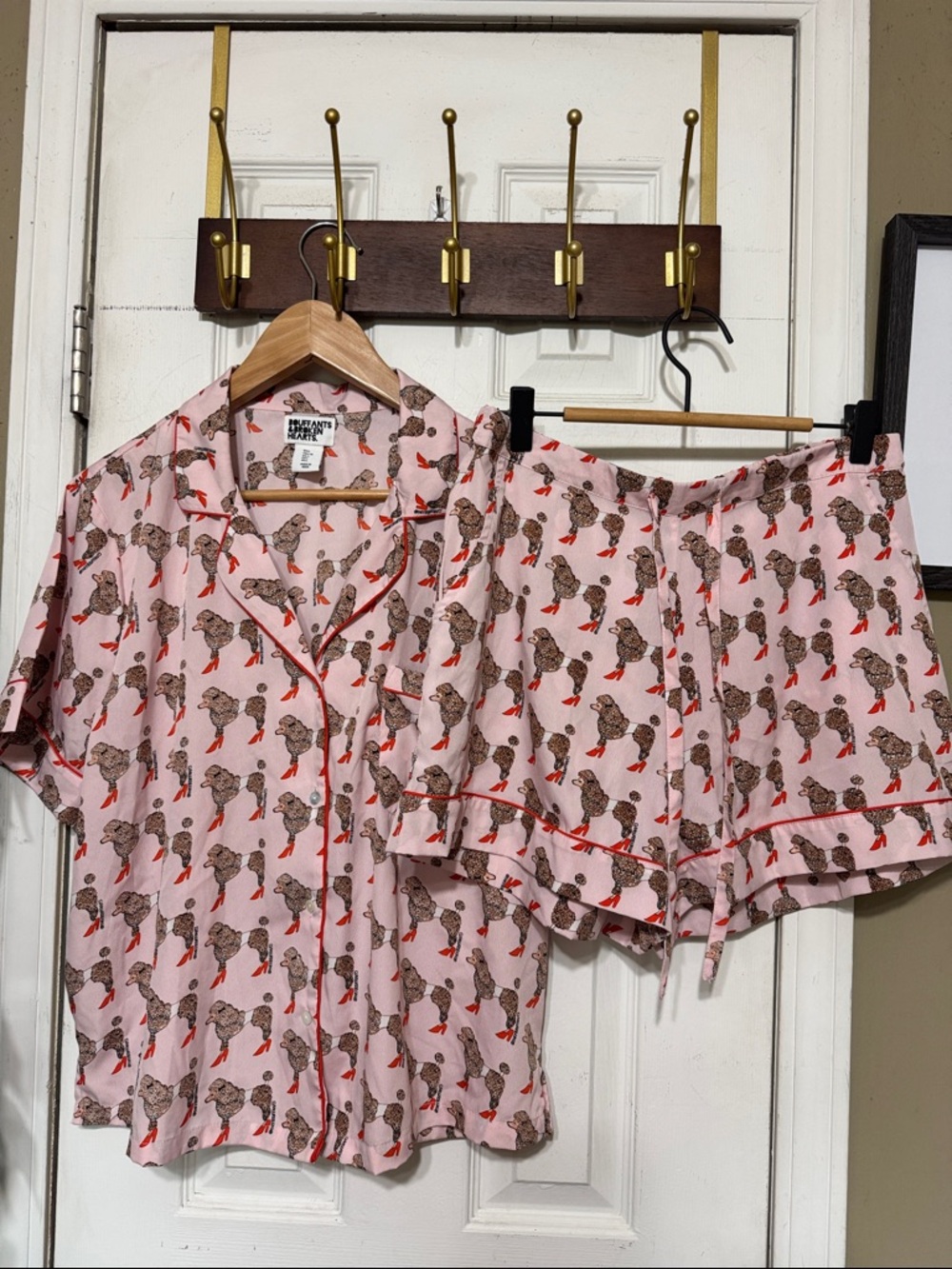 Pink Poodle Red Pump Heels Print Short Pajama Set Top: Large Shorts: Medium
